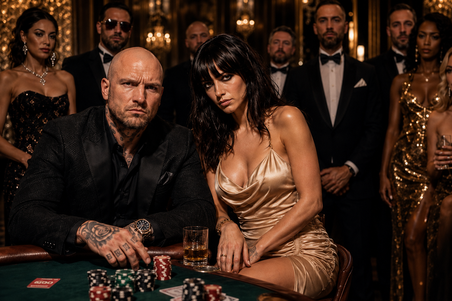 A group of well-dressed adults at a casino table with poker chips and drinks, with a man and woman in the foreground and others standing behind them.
