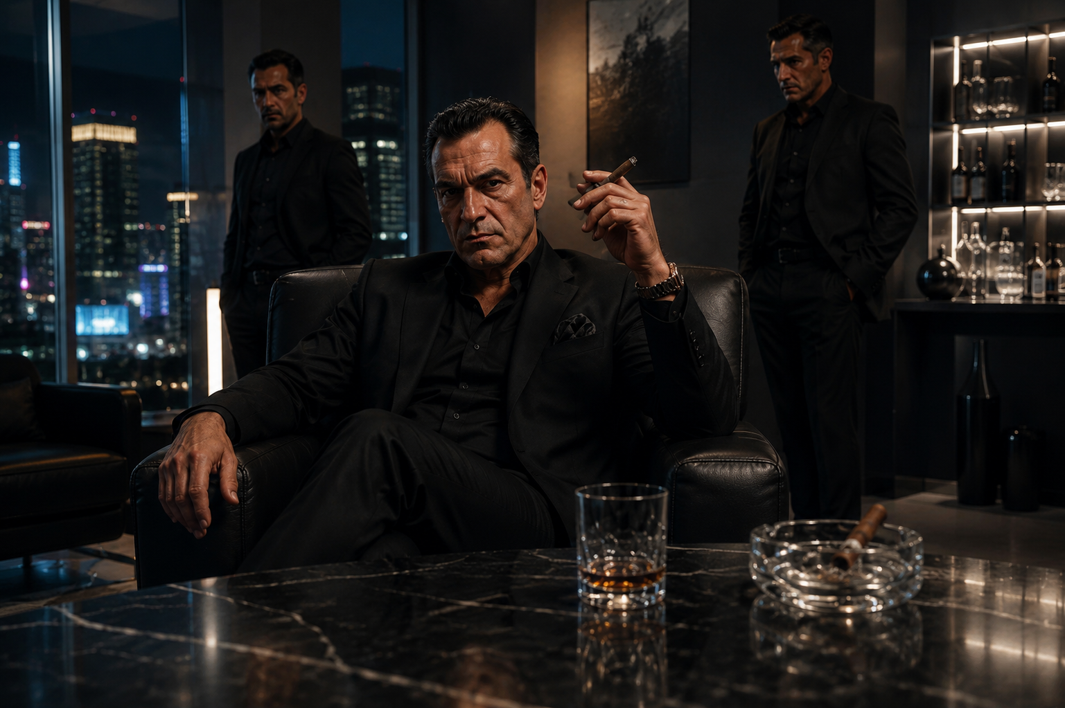 A serious man in a black suit and watch sitting in a modern, dark office with high-rise city lights outside, flanked by two men in black standing in the background, from the music video of the song 'Rolled These Dice' by Ghost Town Criers.