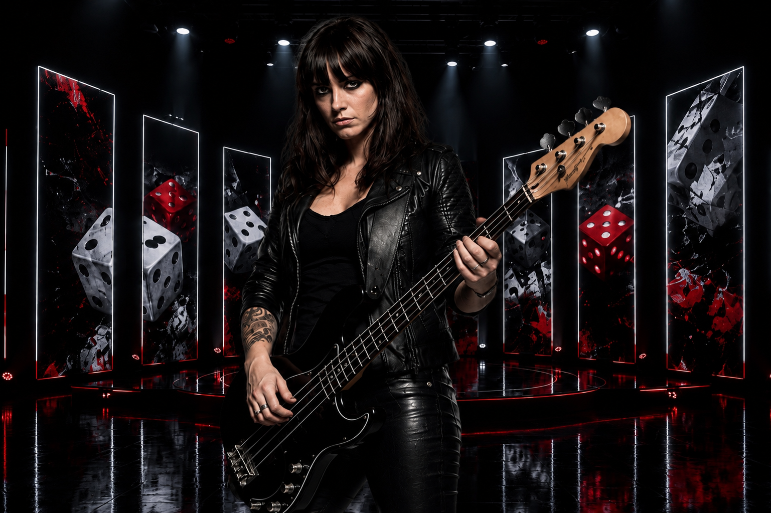 Violet Black of the Ghost Town Criers playing a bass guitar standing in a studio from the music video of the song 'Rolled These Dice'.