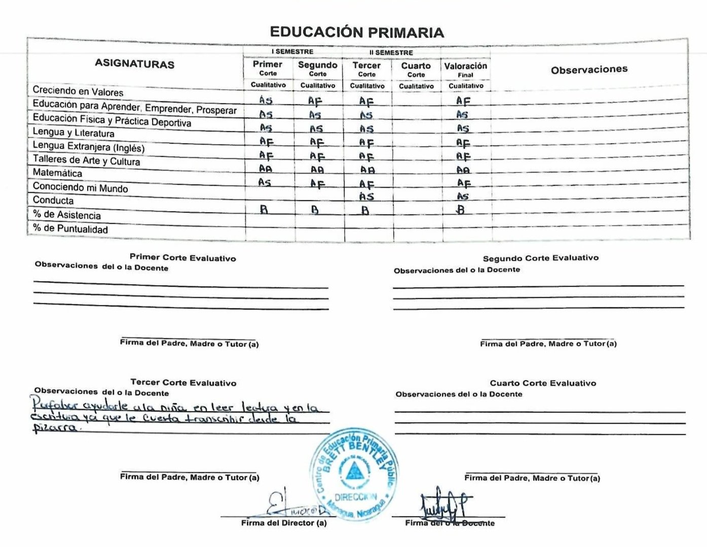 Primary school report card with grades for various subjects across four evaluation periods, including teacher comments, signatures, and a round blue school stamp.