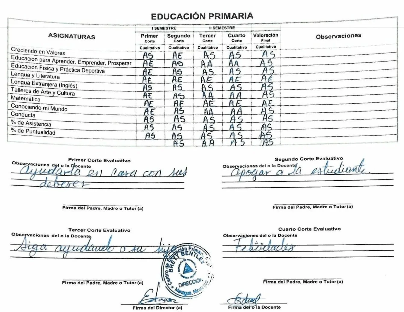 Primary education report card with grades for various subjects across four terms, including teacher observations, signatures, and a stamp.