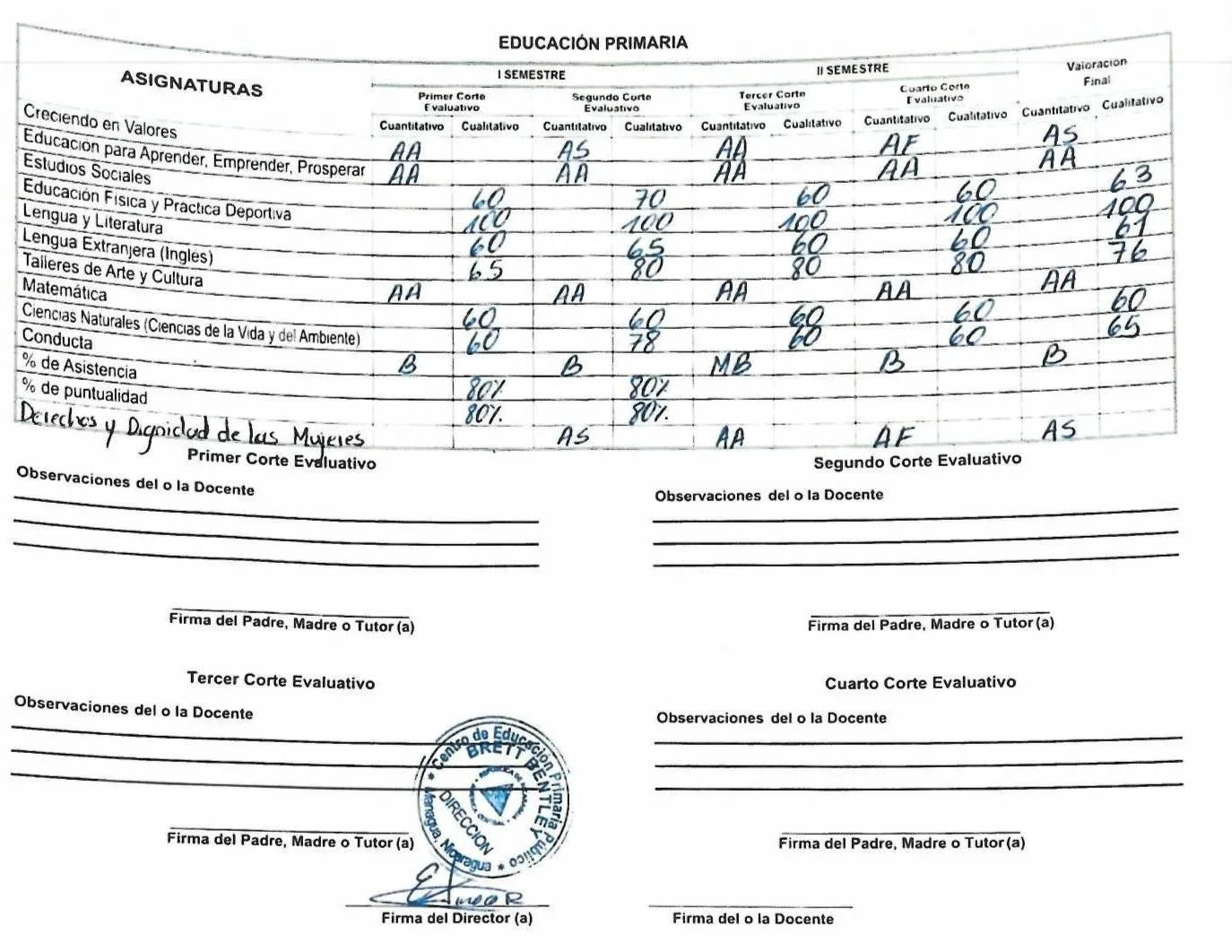 Primary school report card in Spanish with grades for different subjects, teacher comments, signatures, and official stamps.
