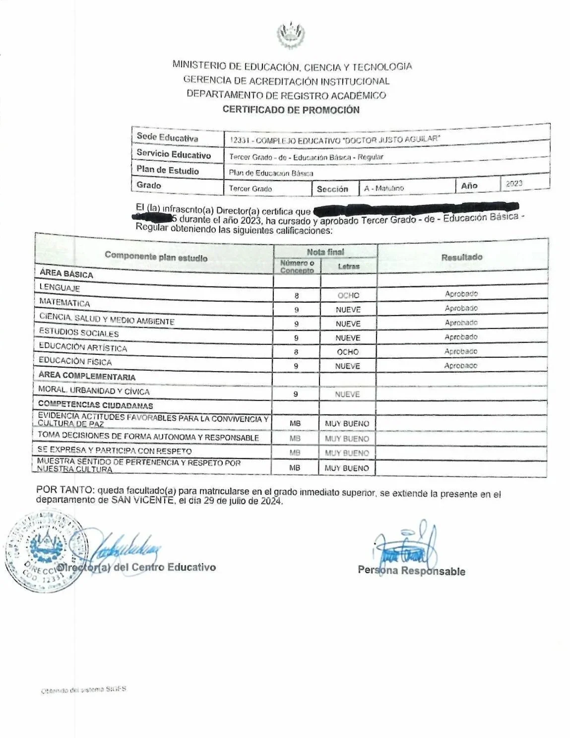 Official academic performance certificate from a Mexican educational institution showing grades and final evaluation for a third-grade student from 2023, signed and stamped by school authorities.
