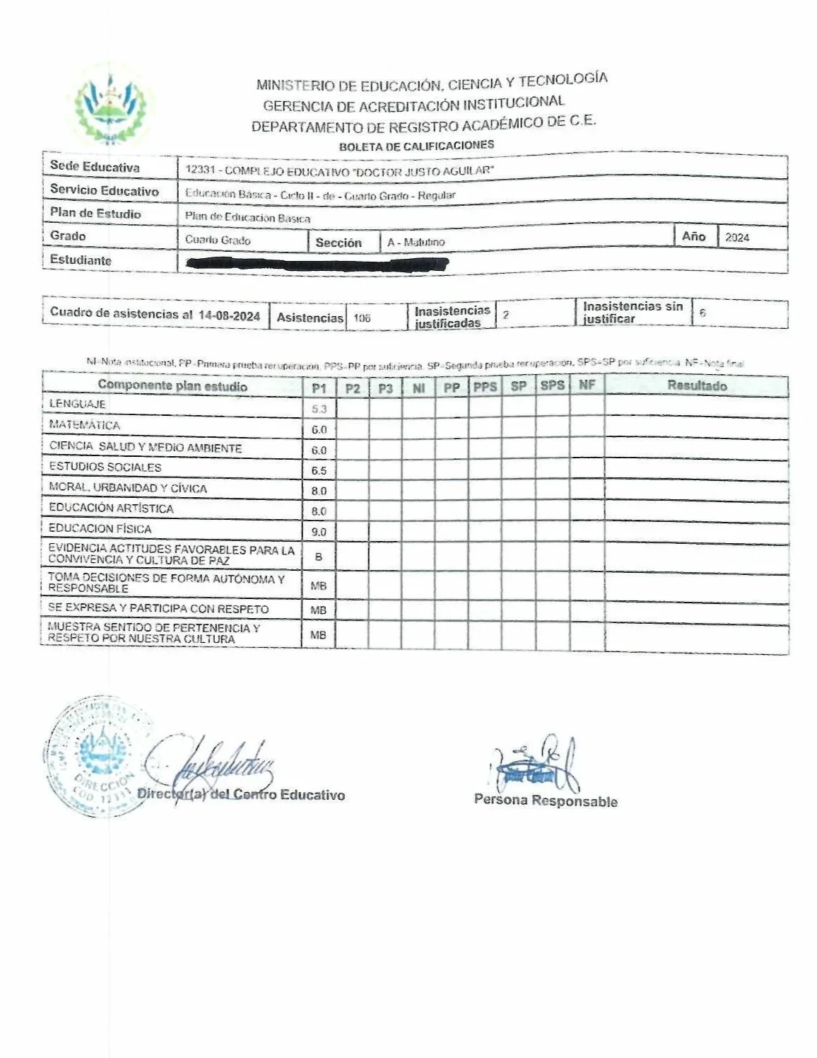 Academic grade report from a school in Mexico, including student details, attendance records, and grades in various subjects.