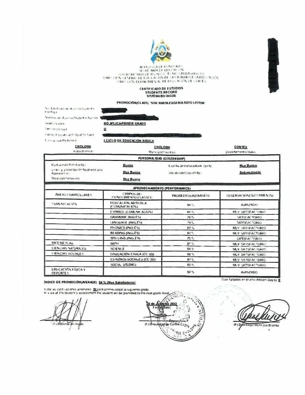 A school certificate in Spanish with a crest at the top, signatures at the bottom, and a small object or badge attached to the right side.