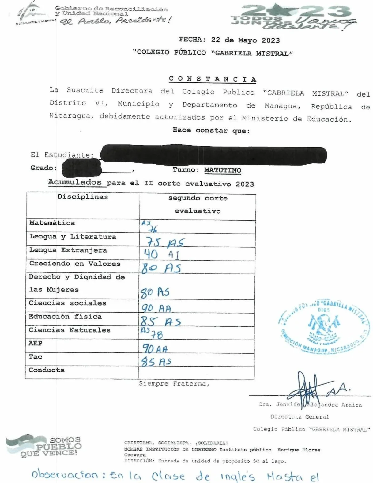 A scanned document in Spanish, dated May 22, 2023, from a school in Nicaragua, listing student grades in various subjects with handwritten grades, official stamps, signatures, and reference to the Ministry of Education.