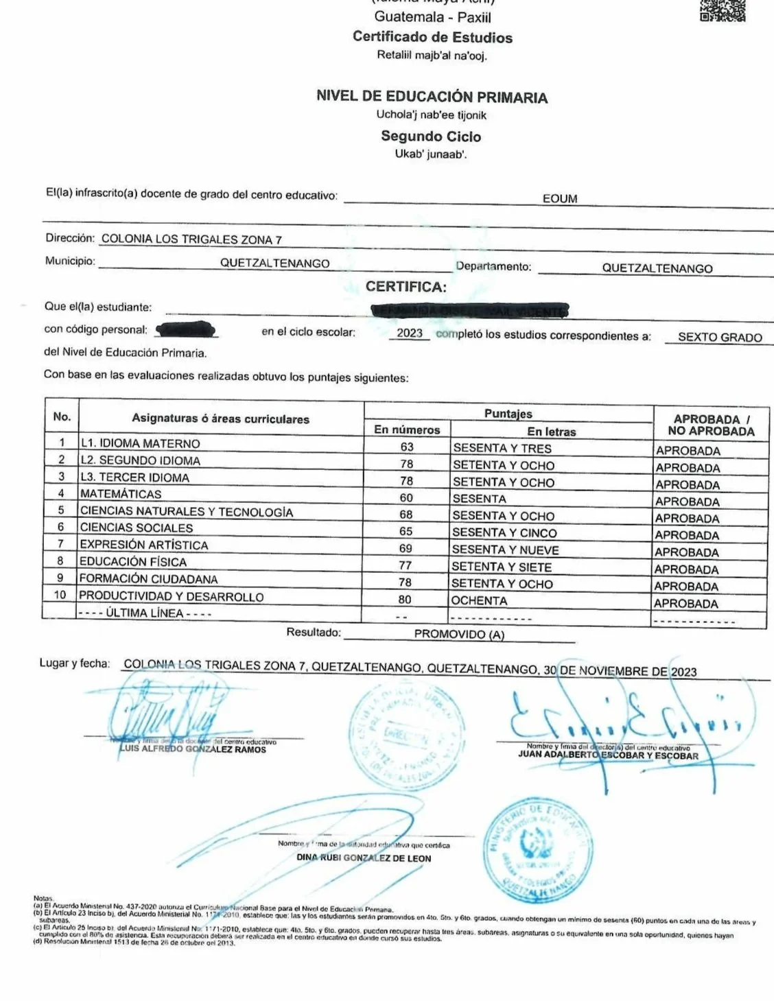 School certificate of studies for a student in Guatemala, showing grades for various subjects including language, math, science, arts, and citizenship, with official signatures and stamps.