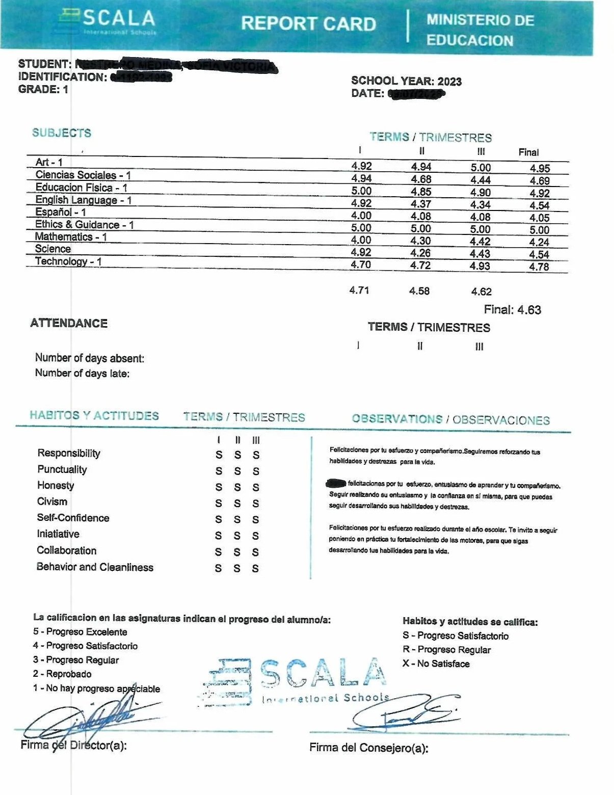 A school report card from Scala International Schools, issued by the Ministry of Education for a first-grade student in 2023. It shows grades for various subjects over multiple trimesters, attendance records, and behavioral evaluations, with signatur