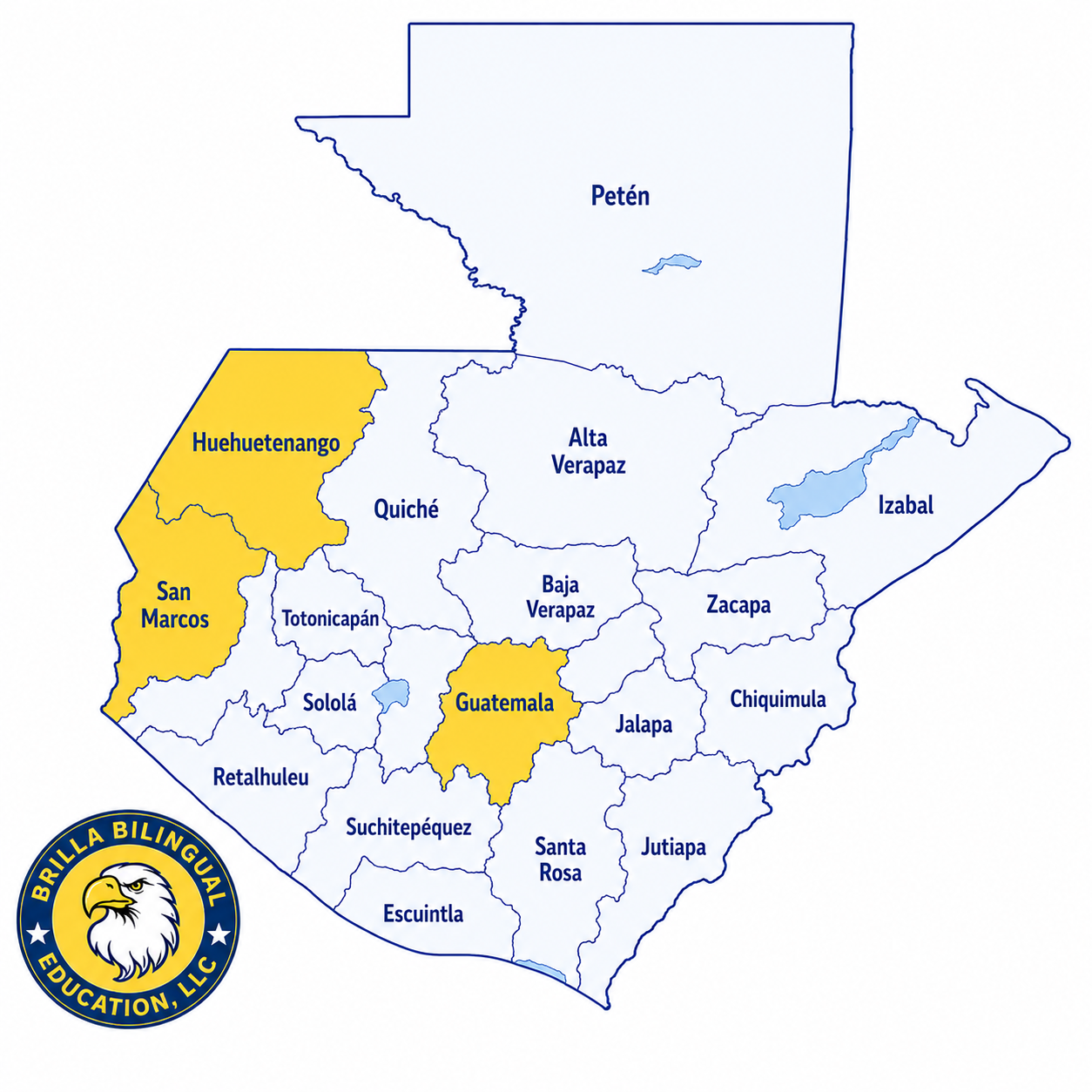 Map of Belize showing major districts, with Huehuetenango, San Marcos, and Guatemala highlighted in yellow and labeled, and lakes marked in blue. The Belize Districts include Petén, Alta Verapaz, Izabal, Zacapa, Chiquimula, Jalapa, Jutiapa, Santa Rosa, Beliños, and Cayo. There is a logo of Brilla Bilingual Education, LLC with an eagle at the bottom left corner.