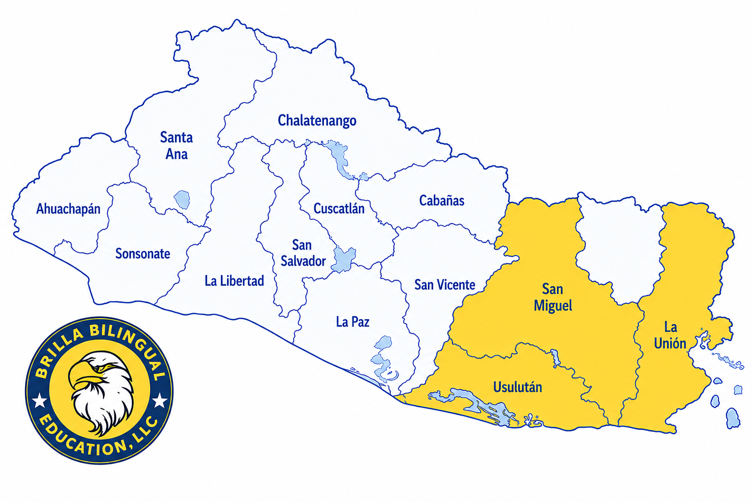 Map of El Salvador with regions outlined and labeled, including Santa Ana, Ahuachapan, Sonsonate, La Libertad, San Salvador, Cuscatlán, La Paz, San Vicente, Cabañas, Chalatenango, San Miguel, La Unión, Usulután. San Miguel, La Unión, and Usulután regions are shaded in yellow, while the other regions are in white. A logo of Brilla Bilingual Education, LLC featuring an eagle's head in black and white on a yellow and blue background is in the bottom-left corner.