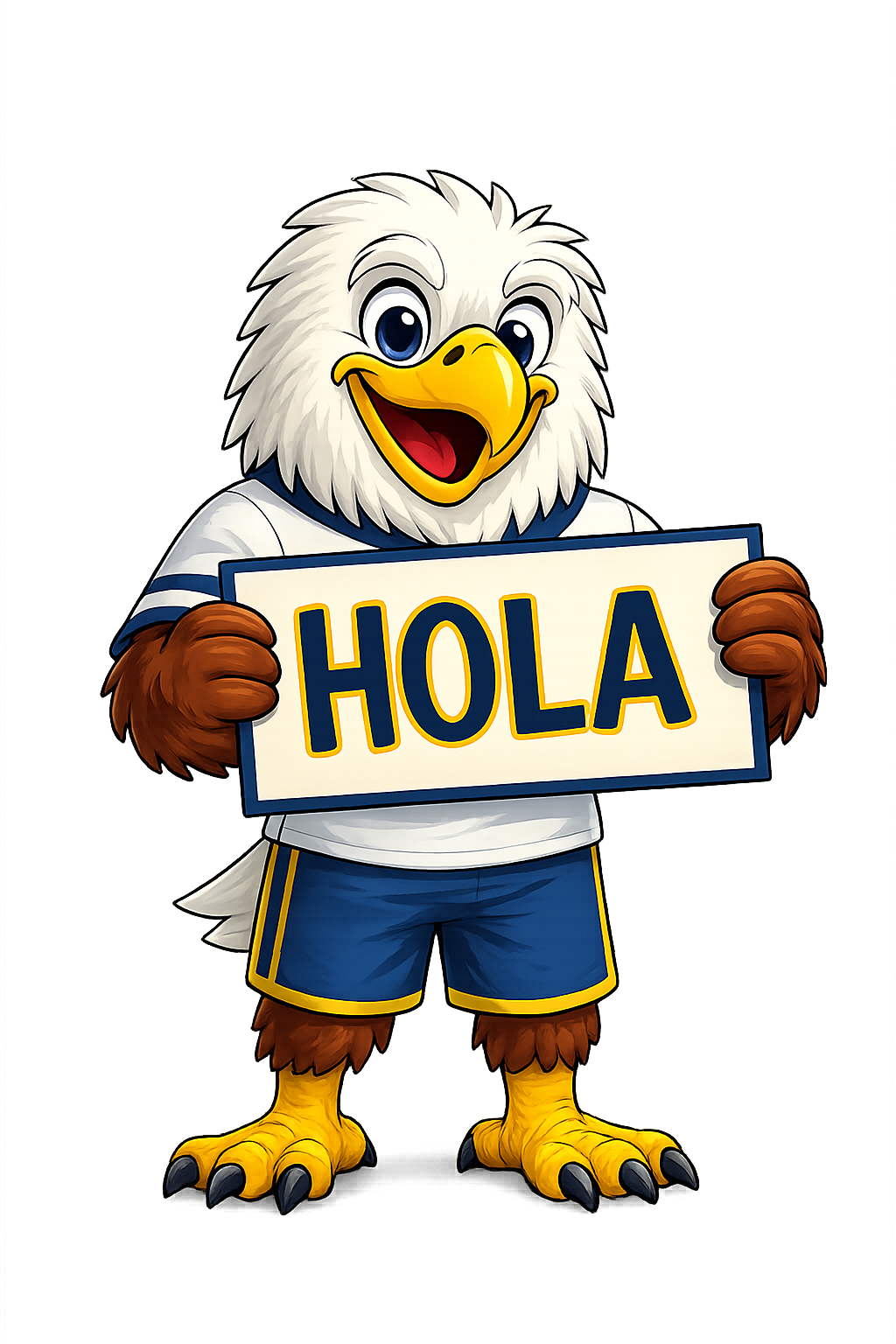 Cartoon eagle character holding a sign that says 'HOLA', wearing a striped shirt and shorts, standing on a black surface.
