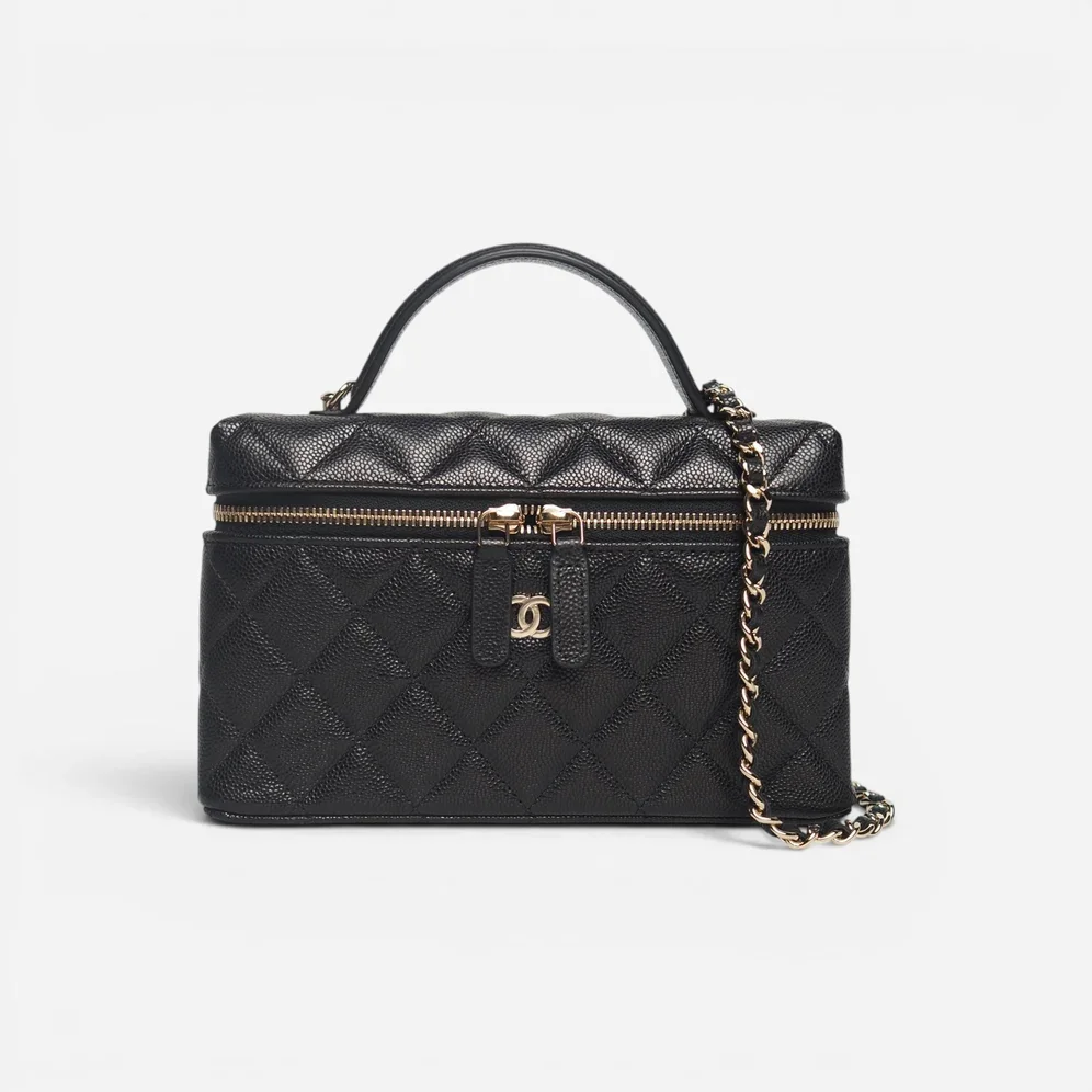 Chanel Chanel Black Quilted Caviar Top Handle Long Vanity Case with Chain