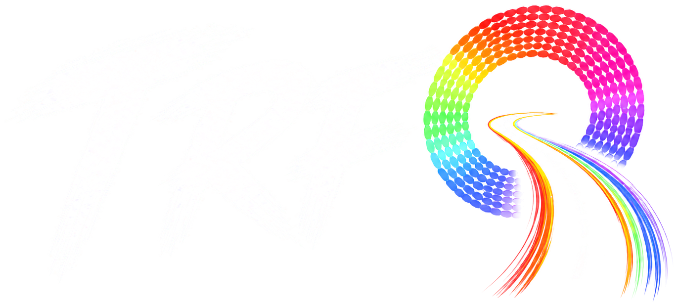 Colorful graphic featuring the word 'TRFQ' in large, white, brushed lettering and a multi-colored rainbow leading into a circular shape on the right.