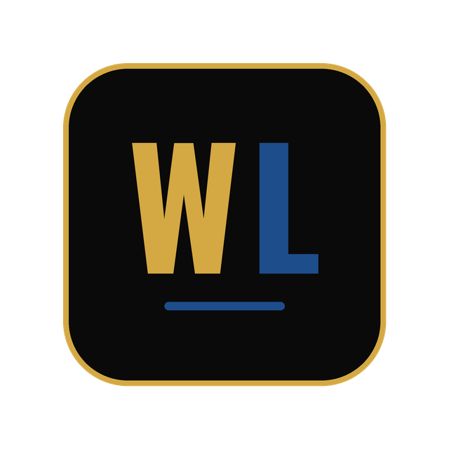 Logo with black background, gold border, gold 'W', blue 'L', and a blue underline.