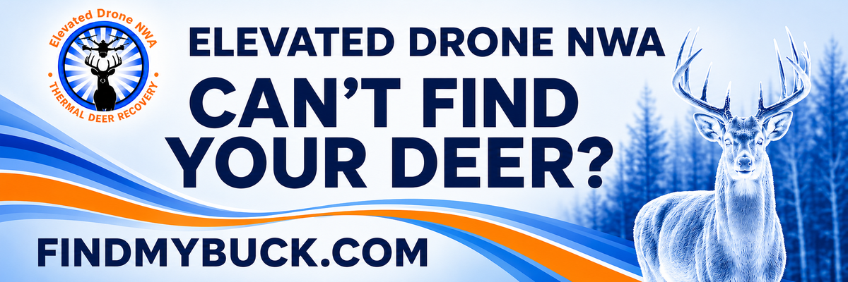 Elevated Drone NWA thermal deer recovery banner promoting FindMyBuck.com