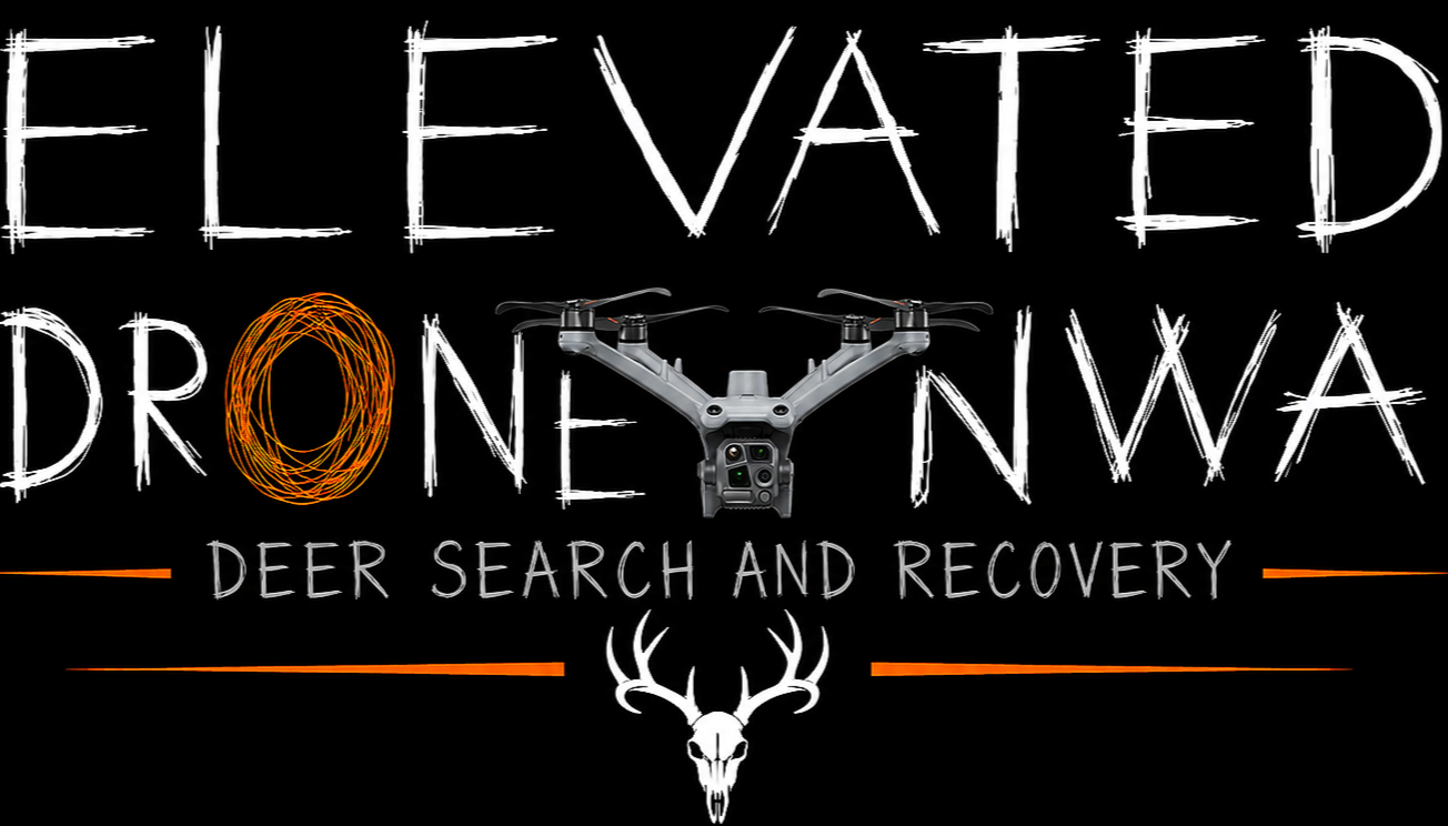 Graphic design featuring the words 'Elevated Drone NW' and 'Deer Search and Recovery' with an illustration of a drone and a deer's skull.