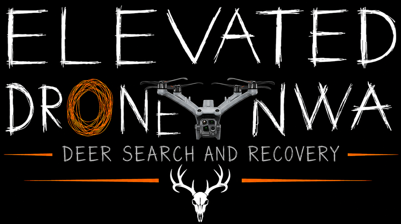 Text reading "Elevated Drone NWa" with a drone, a deer skull, and search and recovery symbols on a black background.