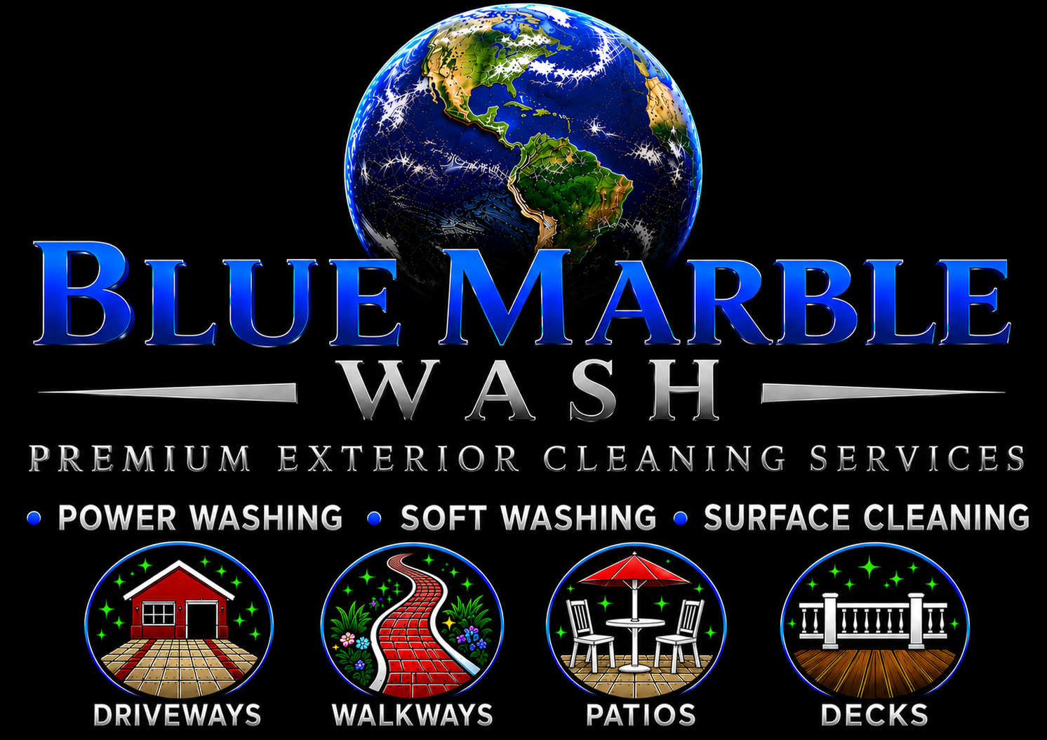 Blue Marble Wash company logo featuring a globe with pressure washing, soft washing, driveway cleaning, patio cleaning, and exterior cleaning services in Solano County, California.