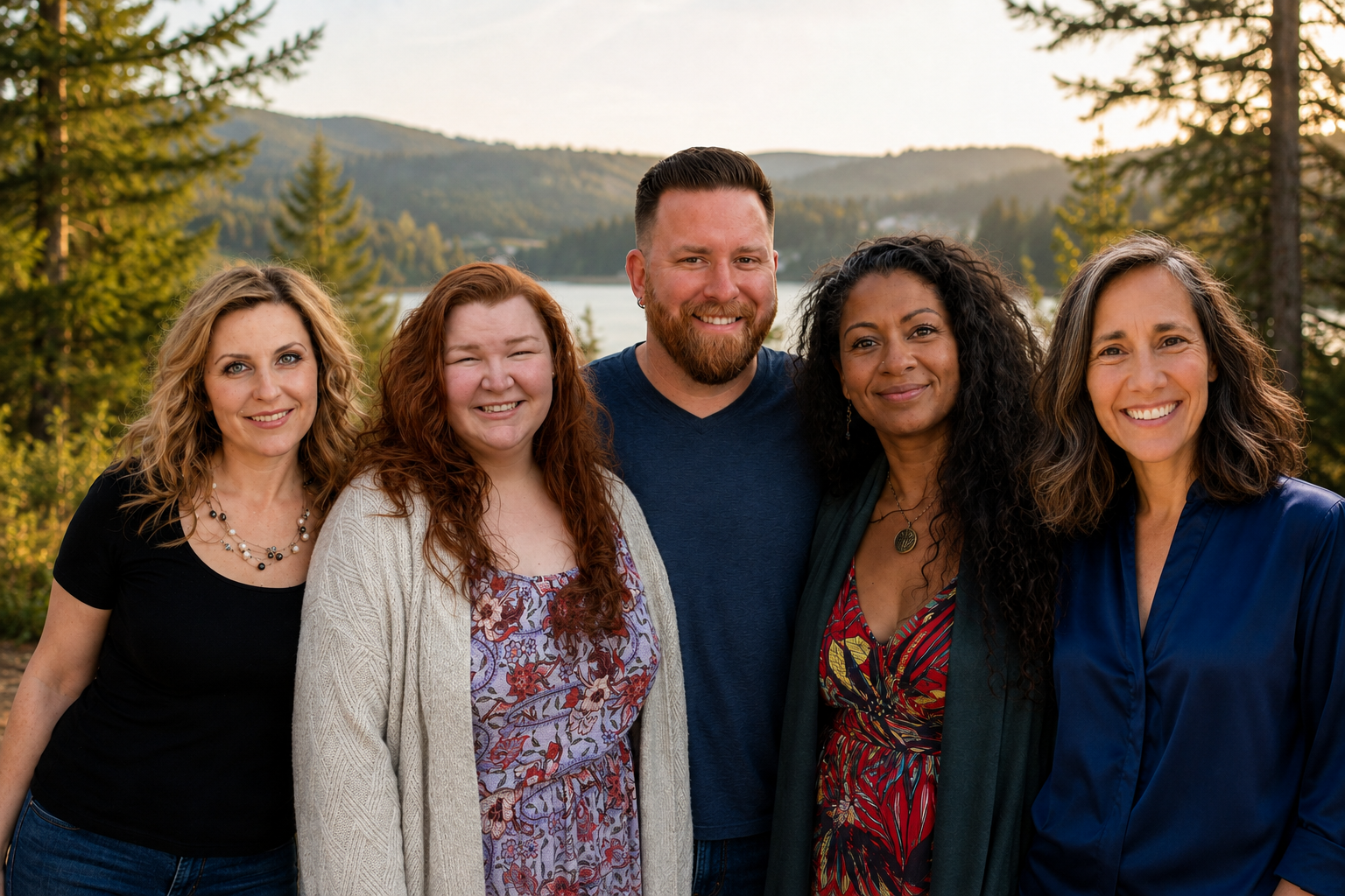 Five women smiling outdoors near a lake with trees and mountains in the background during sunset.