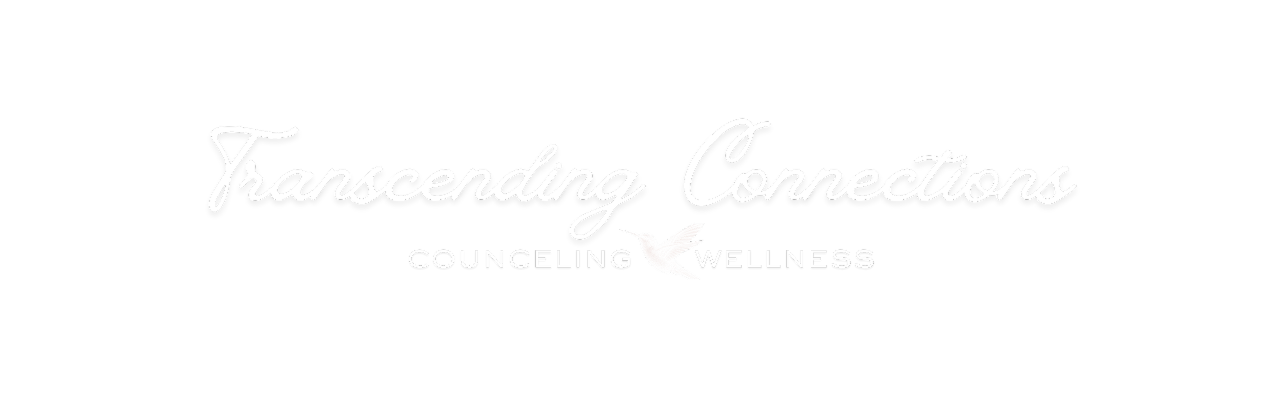 Transcending Connections Counseling Wellness logo in white text and a white hummingbird on a black background.
