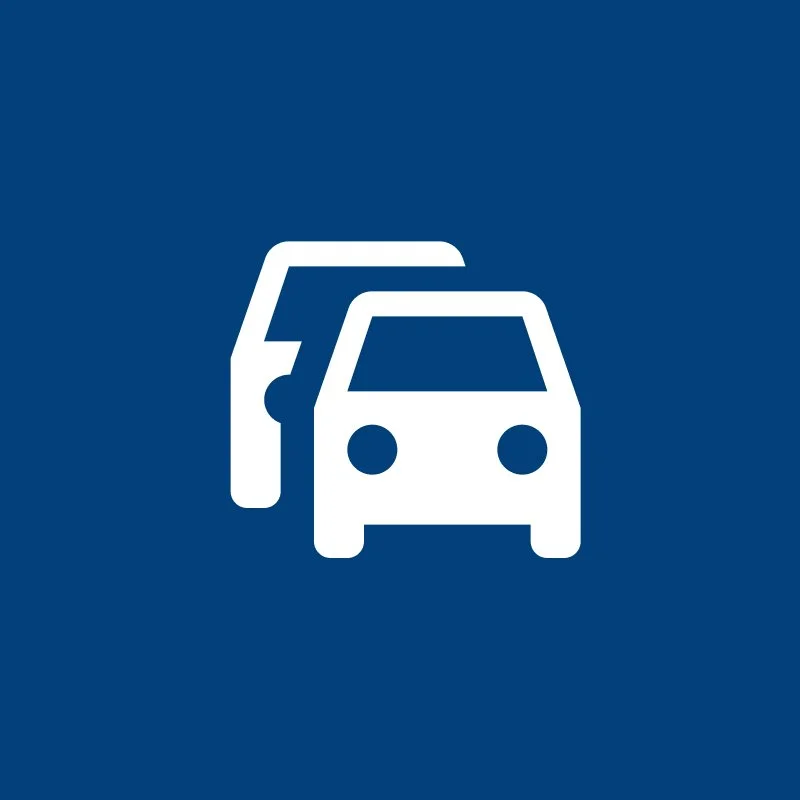 Icon with two cars, one behind the other, on a blue background, indicating a parking or vehicle-related service.