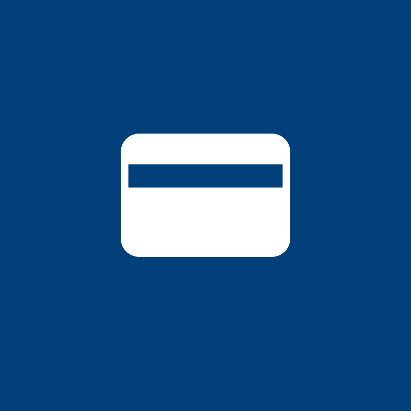 Icon of a white identification card on a dark blue background.