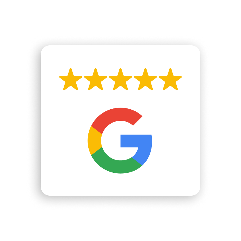 Five yellow stars above a Google logo on a white background, with a black shadowed border.