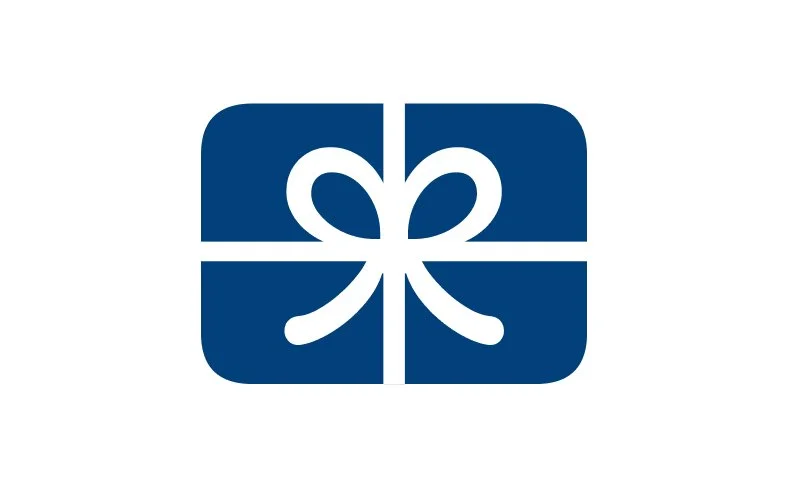 Blue gift box with white ribbon and bow.