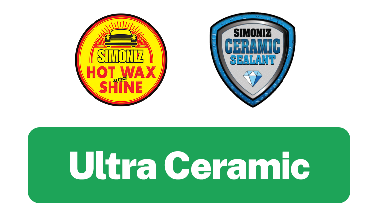 Labels for automotive products, including Simoniz Hot Wax and Shine, Simoniz Ceramic Sealant, and Ultra Ceramic, with associated logos and shield design.