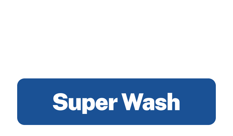 Super Wash sign in blue with white text
