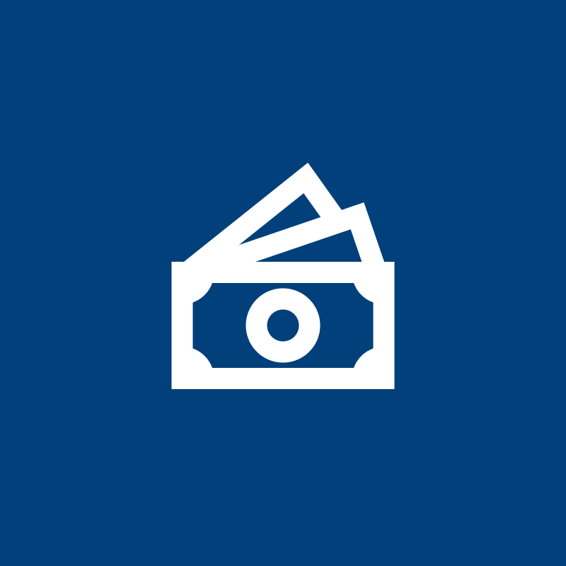 Icon of a stack of dollar bills on a blue background.