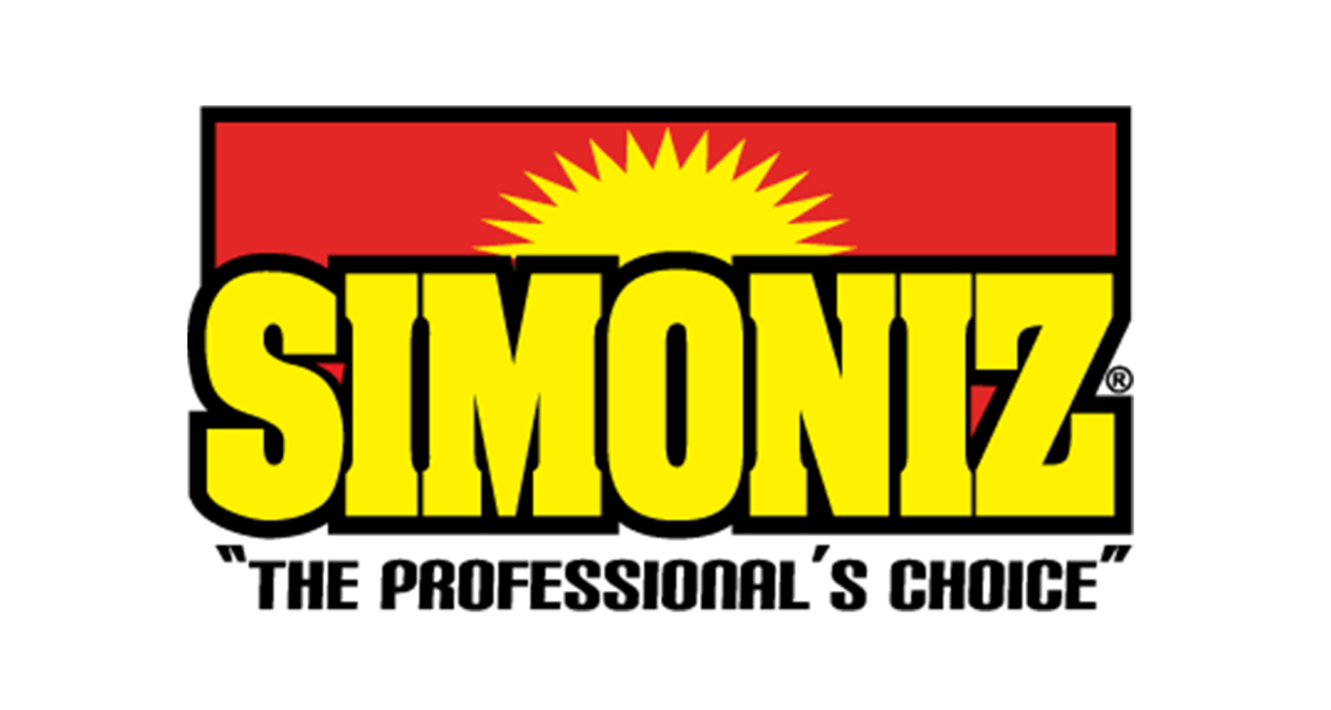 Logo for SIMONIZ, featuring a yellow sunburst behind the bold yellow text 'SIMONIZ' with black outline, and the slogan 'The Professional's Choice' below in black.