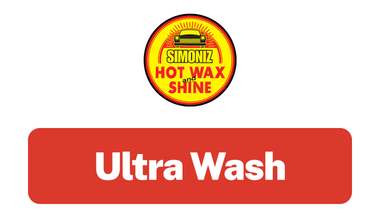 Front label of SimoniZ Hot Wax and Shine Ultra Wash car wash product with yellow and red colors