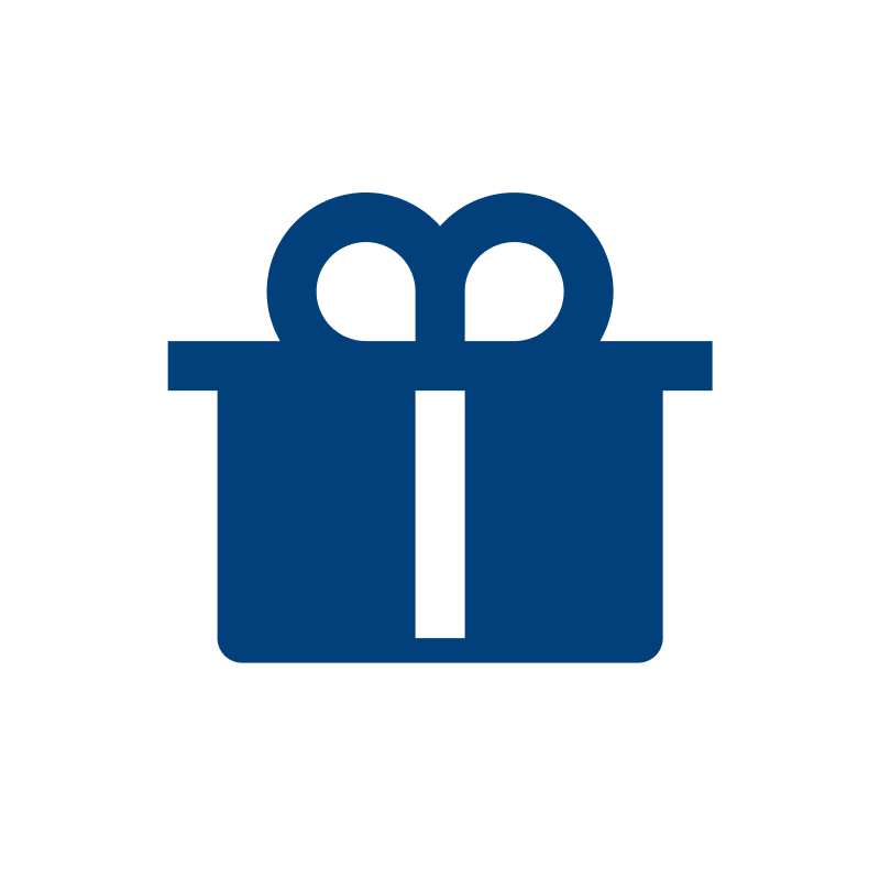 Icon of a wrapped gift box with a bow on top, in a dark blue color.