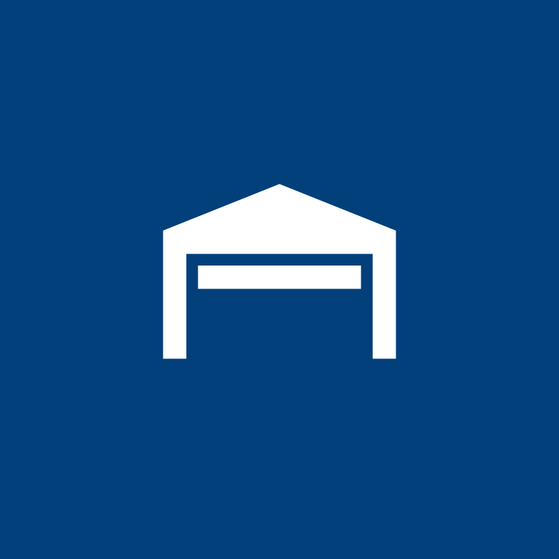 Icon of a garage door within a house outline on a blue background