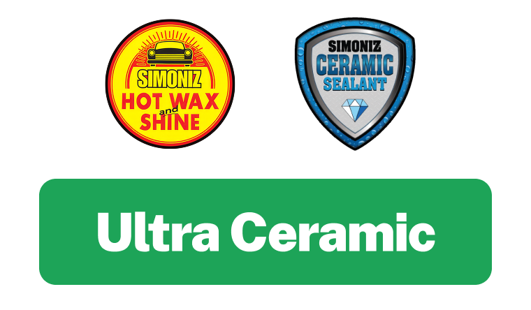 Logo with yellow and red circle for Simoniz Hot Wax and Shine, blue and silver shield with ceramic sealant, and green banner with white text reading 'Ultra Ceramic'.