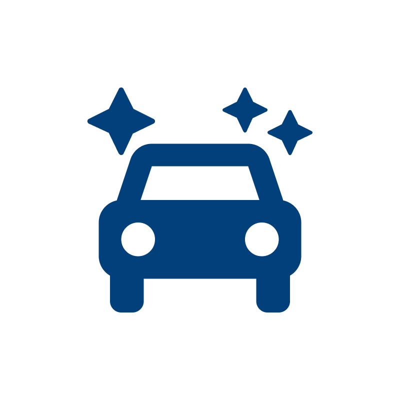 Car icon with sparkling stars above it, indicating cleanliness or newness.