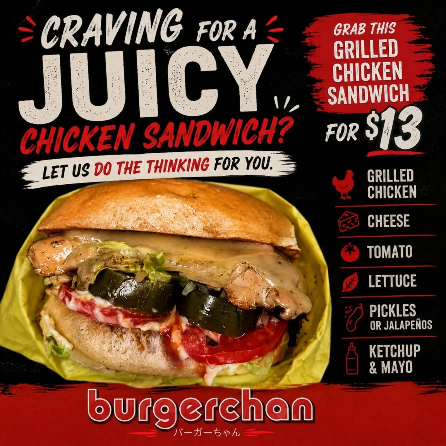 🍔 Craving a juicy chicken sandwich?
Let us do the thinking for you.

Our Grilled Chicken Sandwich comes loaded with everything you need for a satisfying bite:

🔥 Grilled Chicken
🧀 Melted Cheese
🍅 Fresh Tomato
🥬 Crisp Lettuce
🌶️ Pickles or Jalap
