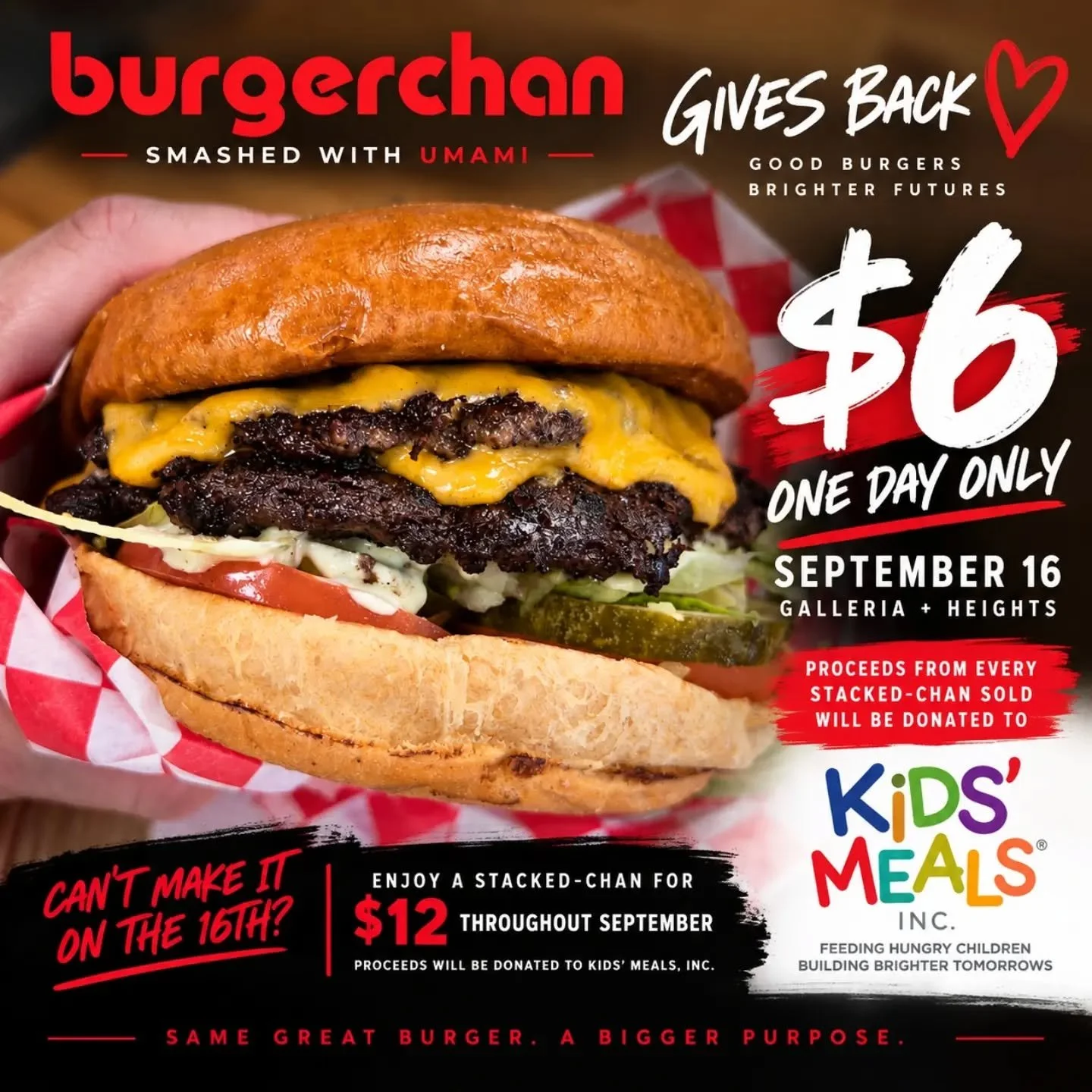 🍔❤️ STACKED-CHAN GIVES BACK &mdash; ALL SEPTEMBER

Good burgers can do good things.

Throughout September, we're continuing our support of @kidsmealsinc with our stacked-chan.
🍔 ALL MONTH LONG

Grab a stacked-chan for $12, and proceeds from every o