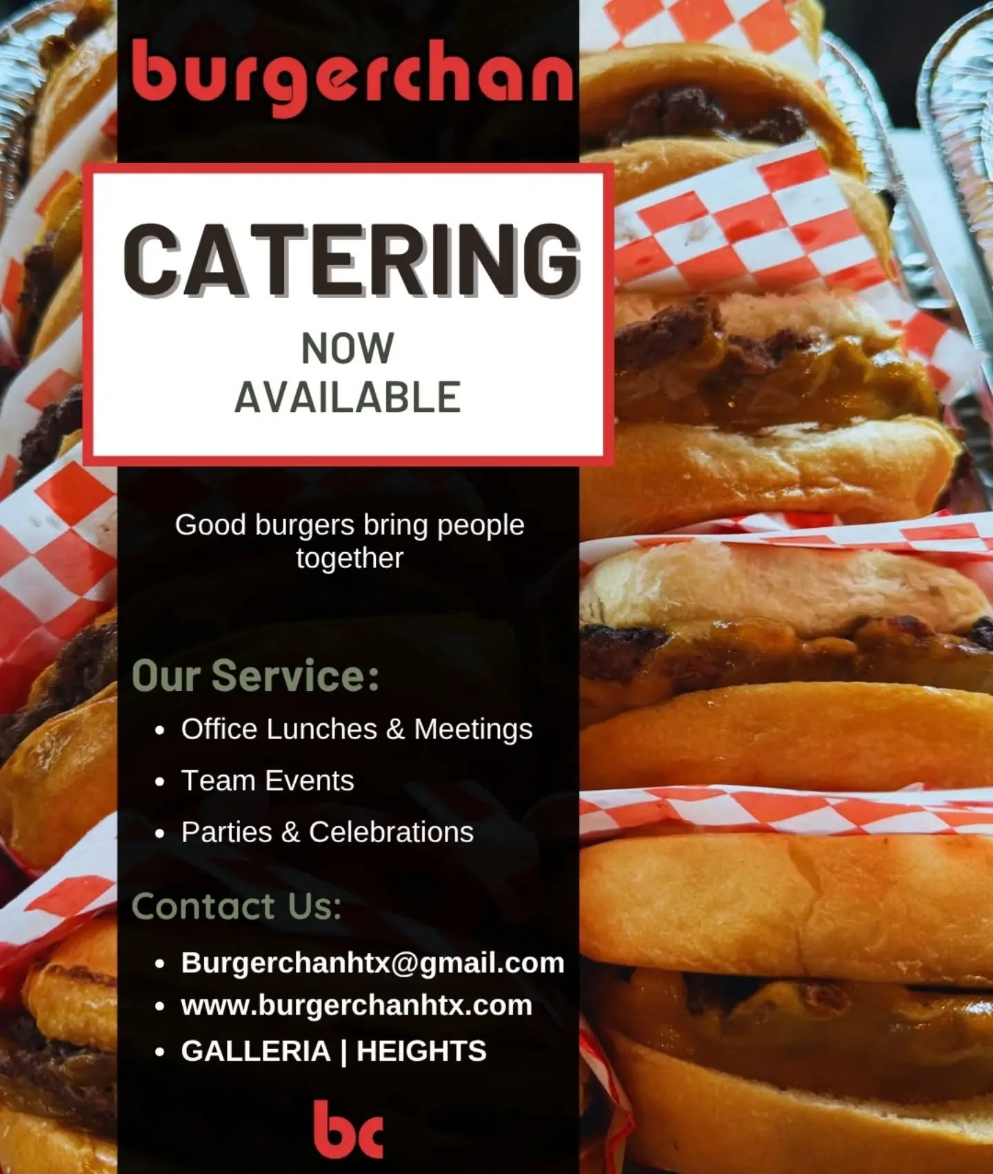 🍔 BIG burgerchan ENERGY. NOW FOR THE WHOLE CREW.

You asked. We listened.

burgerchan Catering is officially here! 🎉

Whether you're feeding the office, celebrating something special, planning a team event, or just have a whole lot of hungry people
