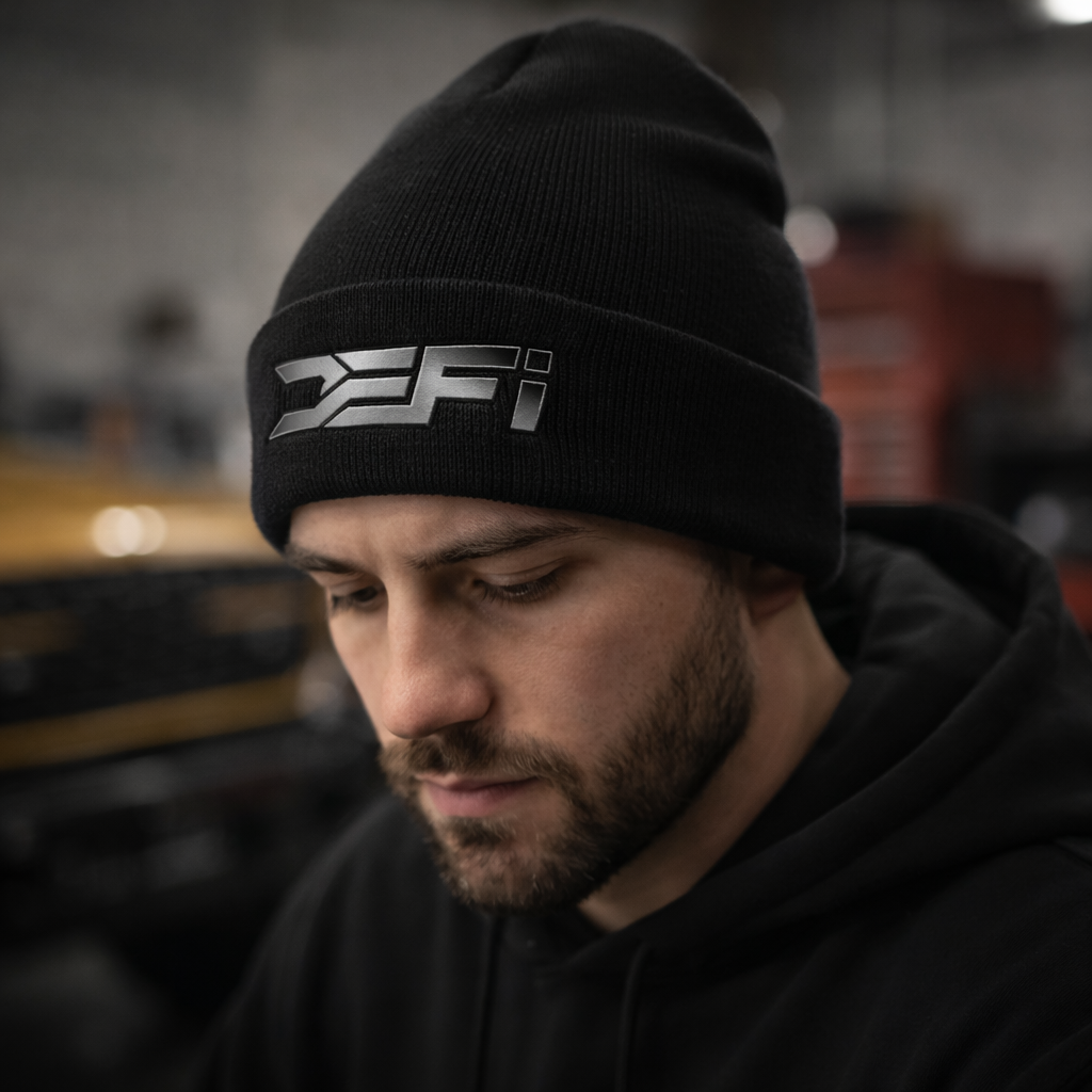 DEFI Motorsports beanie on male model 2026.png