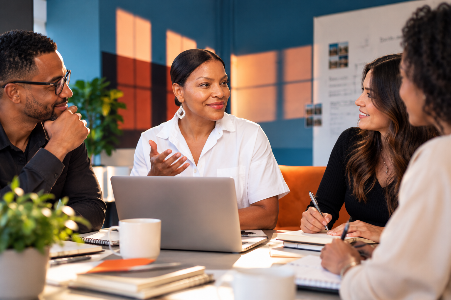A collaborative team meeting in a sunlit office, illustrating marketing leadership and cross-functional teamwork.