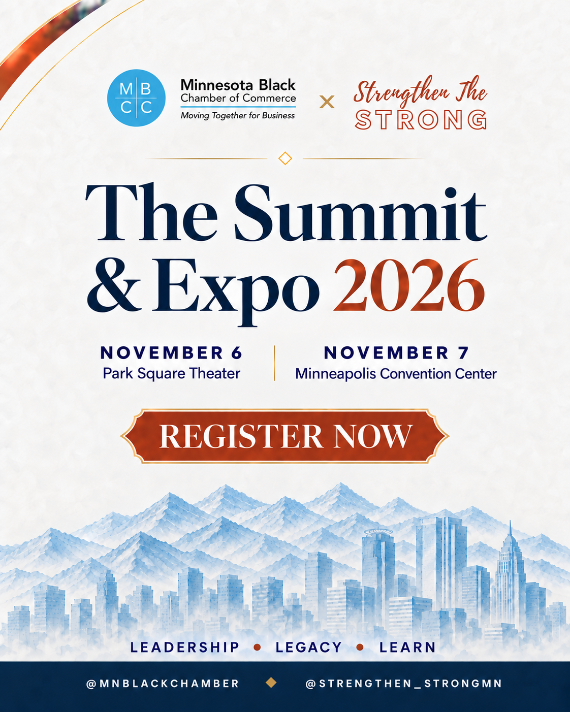 Official Summit and Expo 2026 flyer presented by the Minnesota Black Chamber of Commerce and Strengthen the Strong. November 6 at Park Square Theatre and November 7 at Minneapolis Convention Center.