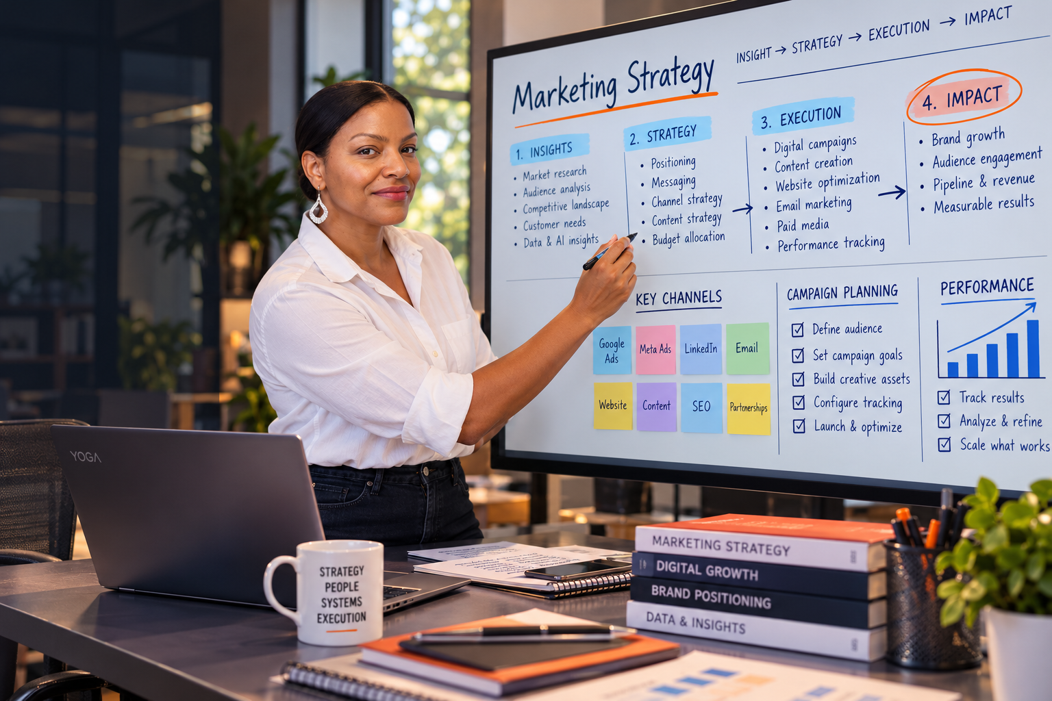 Felicia Sherrod leading a marketing strategy session, reviewing digital advertising, performance analytics, and customer acquisition systems.