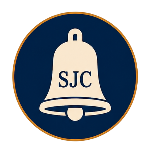A blue circular sign with a white bell symbol and the letters SJC in the center.