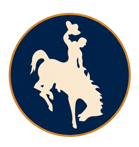 Silhouette of a cowboy riding a bucking horse inside a circular emblem with a blue background.