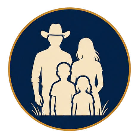 Silhouette of a family with two adults and two children, one adult wearing a cowboy hat, against a blue circular background.
