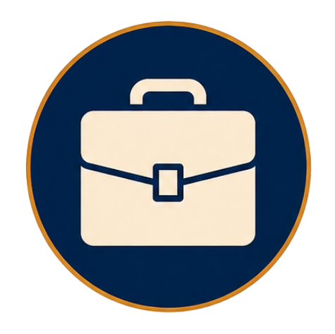 Icon of a white briefcase on a blue circular background.