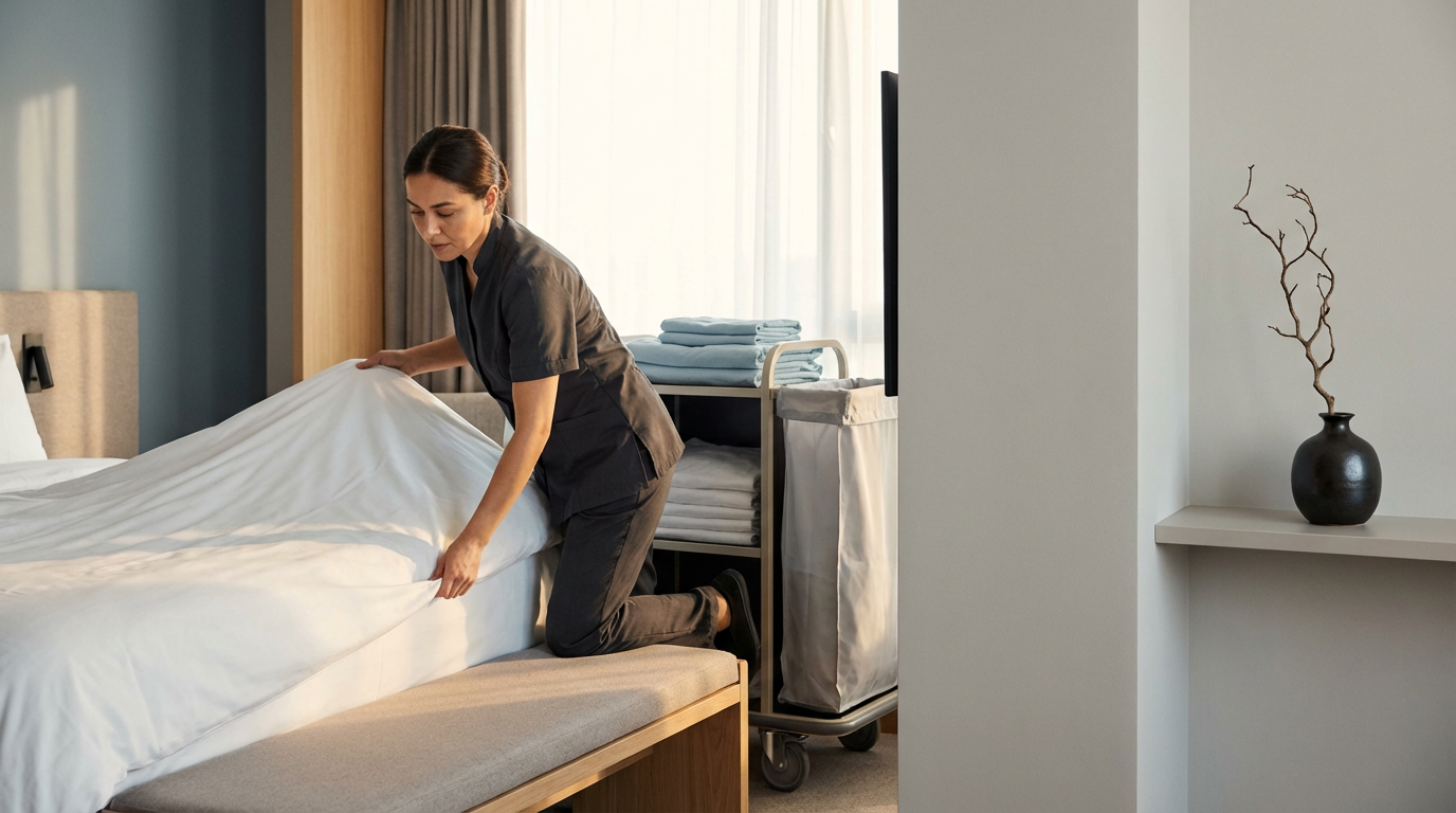 A housekeeper making a bed in a hotel room, kneeling on the mattress and smoothing the white bed sheet.