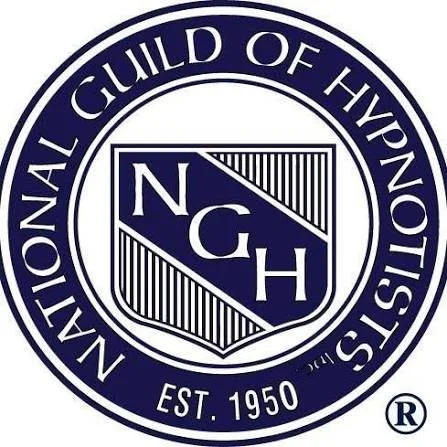 Seal of the National Guild of Hypnotists featuring a central shield with N, G, H initials and surrounding text "National Guild of Hypnotists" and "EST. 1950".